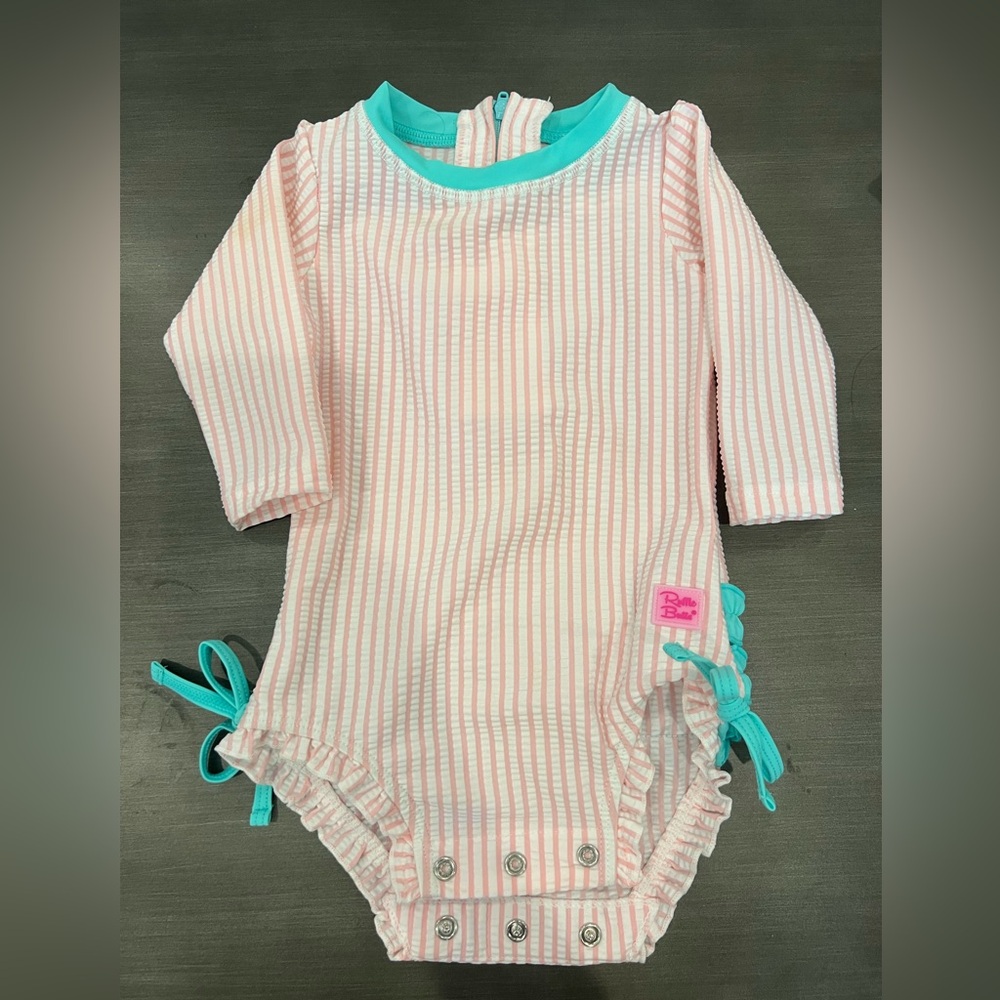 Ruffle Butts Pink and Teal Seersucker Infant Swimsuit sz 3-6 Months